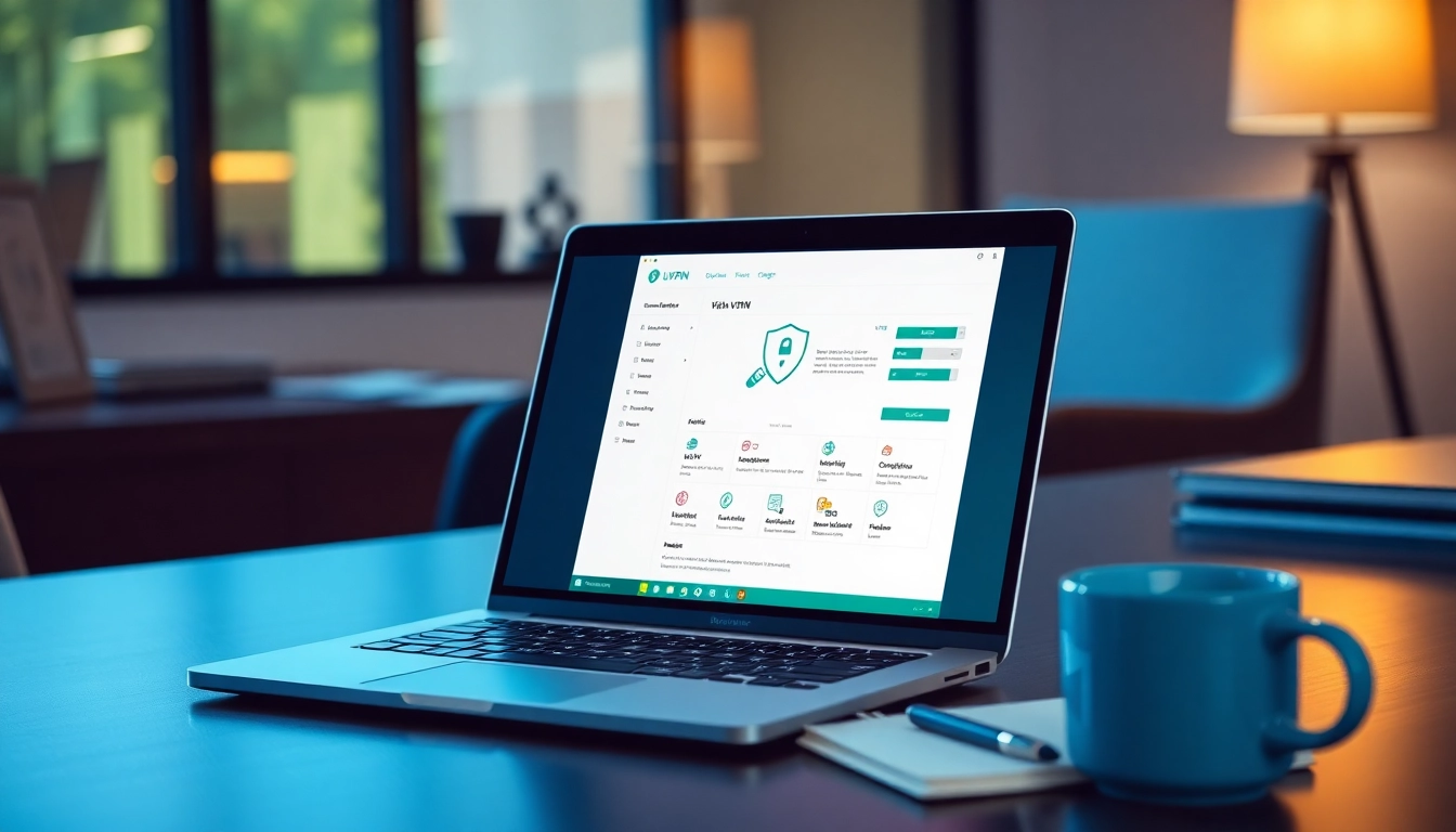 Download vpn fre easily with a laptop displaying a VPN setup interface.