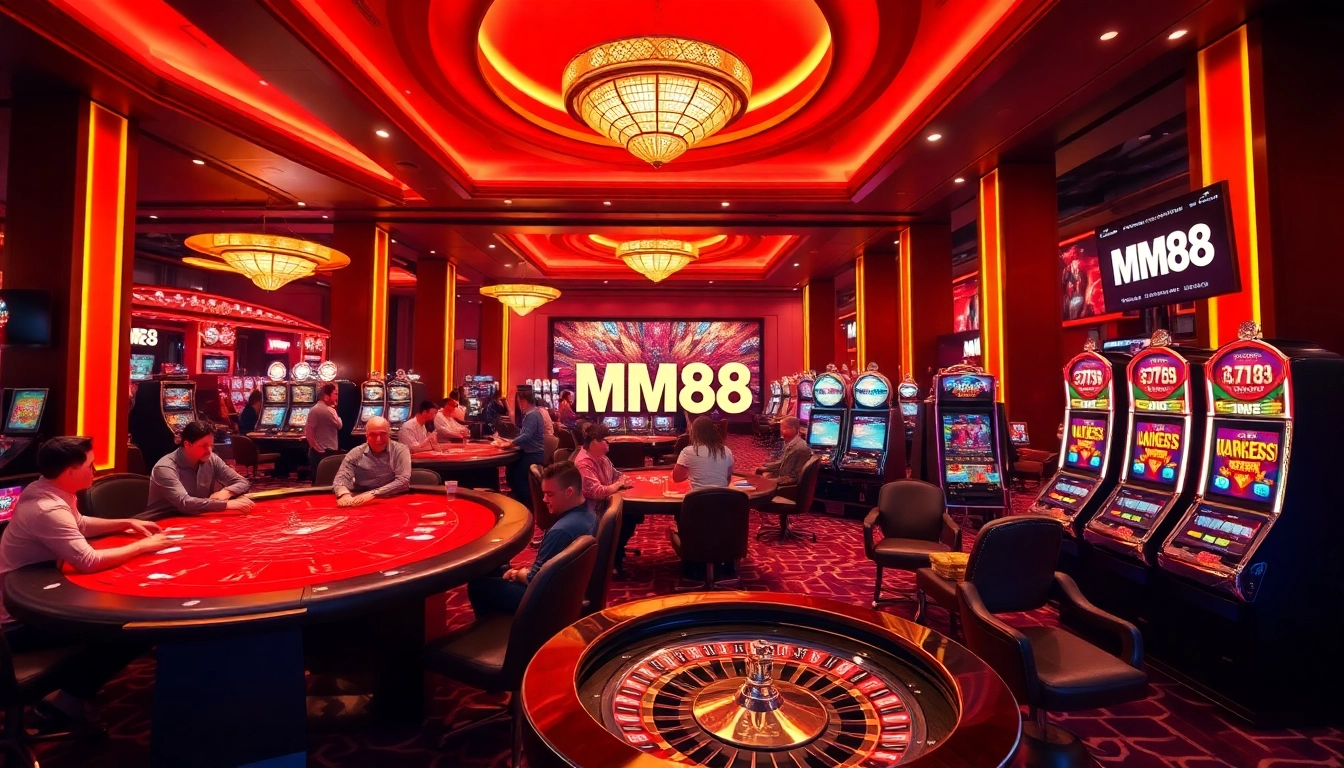 Experience the excitement of MM88 at modern gambling tables filled with players and lively poker chips.