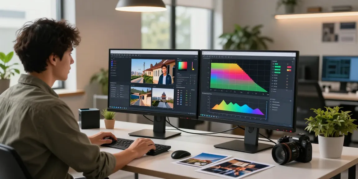 AI image detector interface on dual monitors in a modern workspace