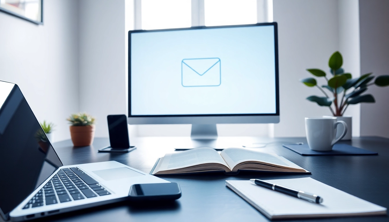 Manage your 谷歌邮箱 emails effectively in a modern workspace with a laptop and smartphone.