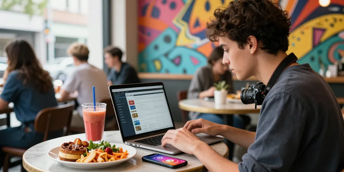 Buying real Instagram followers showcased in a vibrant urban café scene, emphasizing digital content creation.
