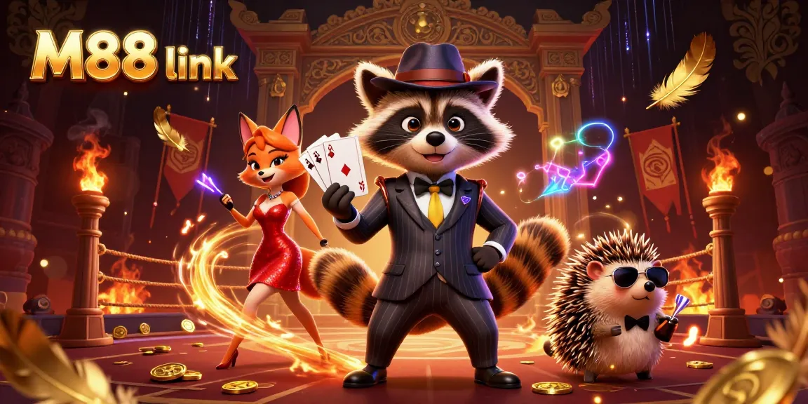 Bet on exciting outcomes with M88 link showing a raccoon, fox, and hedgehog in a vibrant casino