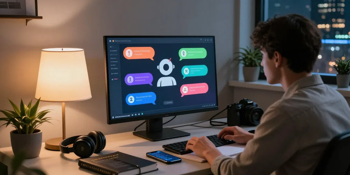 A user interacting with an innovative nsfw chat bot on a sleek desktop, surrounded by tech gadgets in a vibrant workspace.