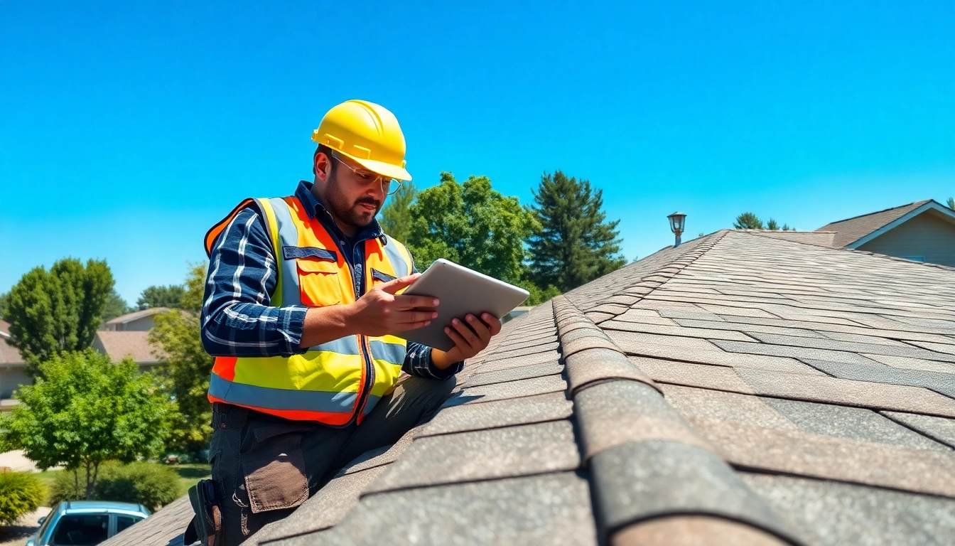 Roofing contractor assessing a residential roof with a tablet in a professional layout.