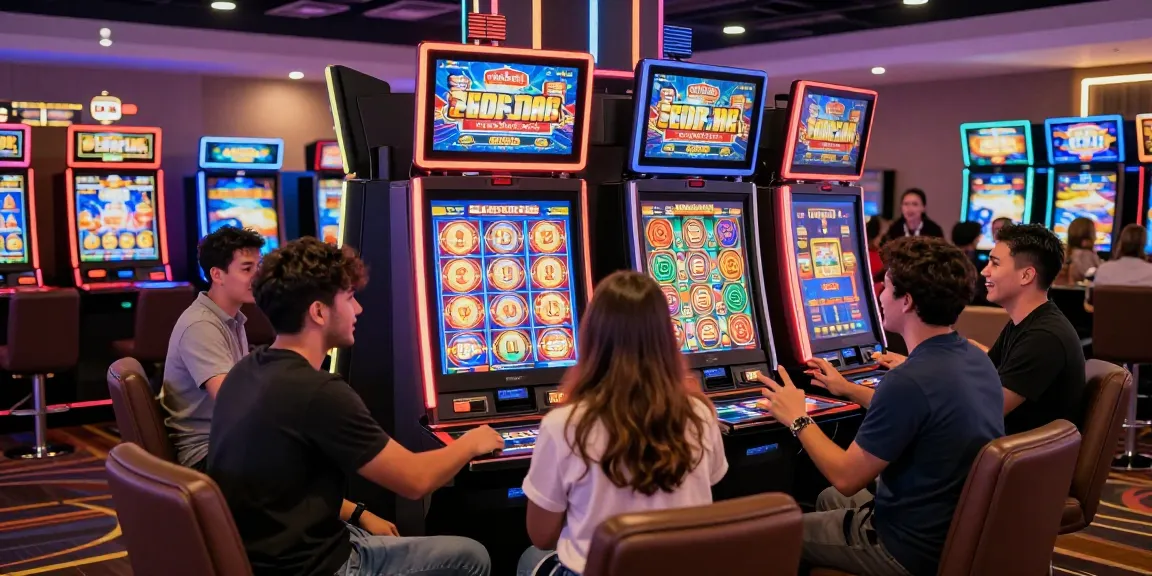 Exciting group of players enjoying thrilling slot gameplay in a vibrant casino atmosphere