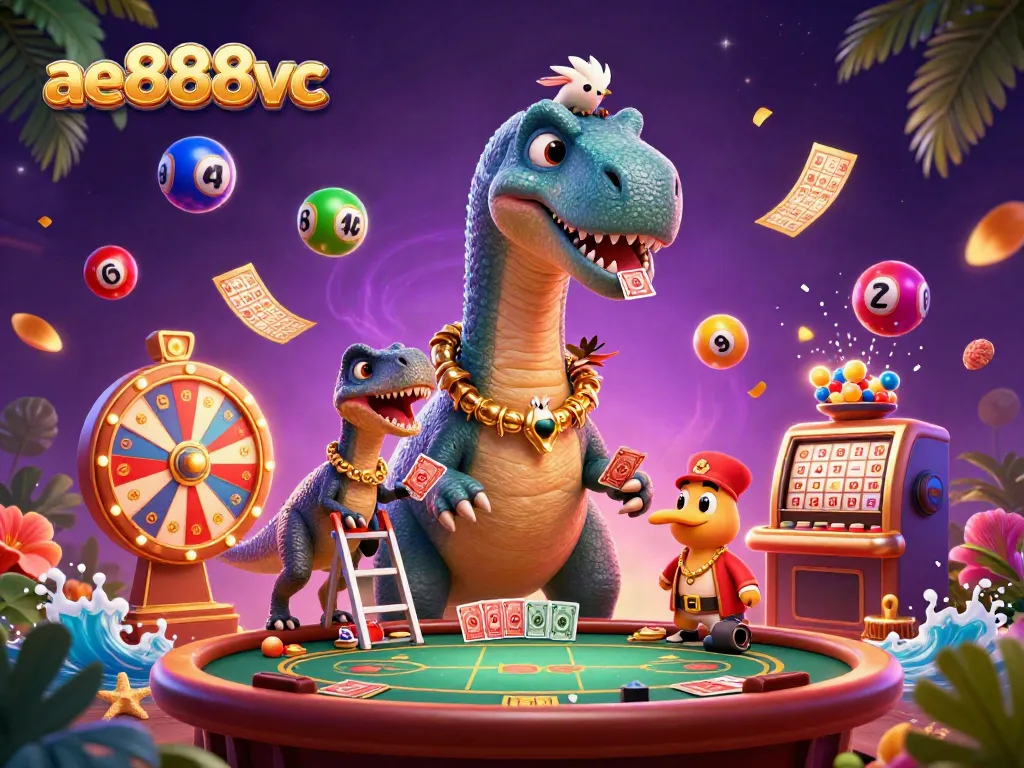 Engage in exciting gameplay at ae888vc with dynamic lottery balls and a towering brontosaurus.