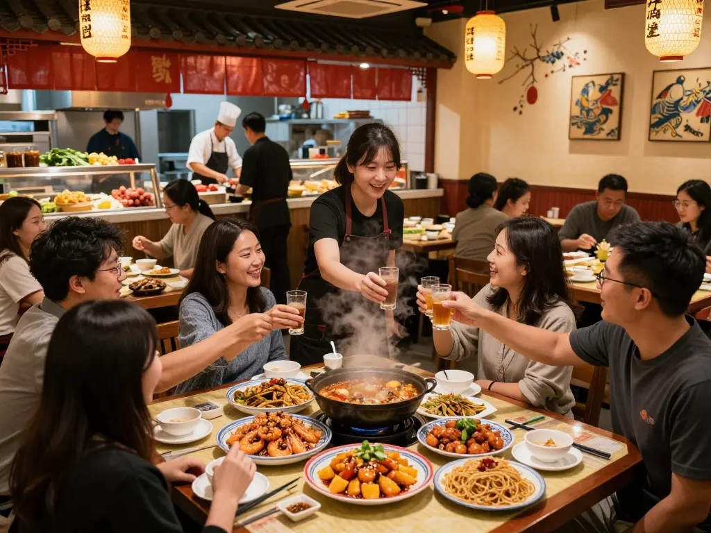 88Pulsa inspired scene of diners enjoying flavorful Chinese dishes in a lively restaurant