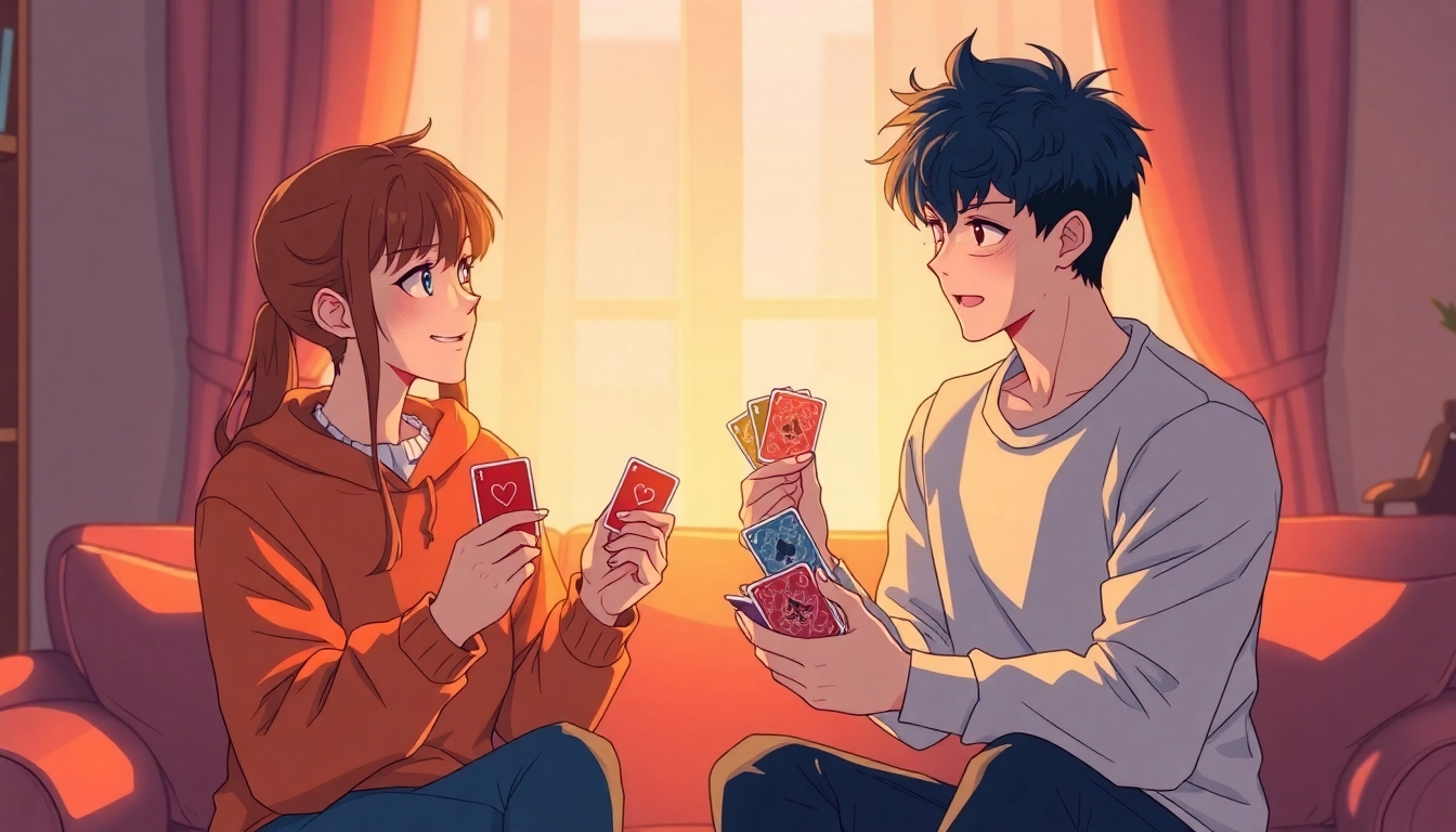 お前はいつも負けず嫌いの魅力的な場面。鮮やかなカードゲームを通じてキャラクター間の遊び心ある対戦を描写。