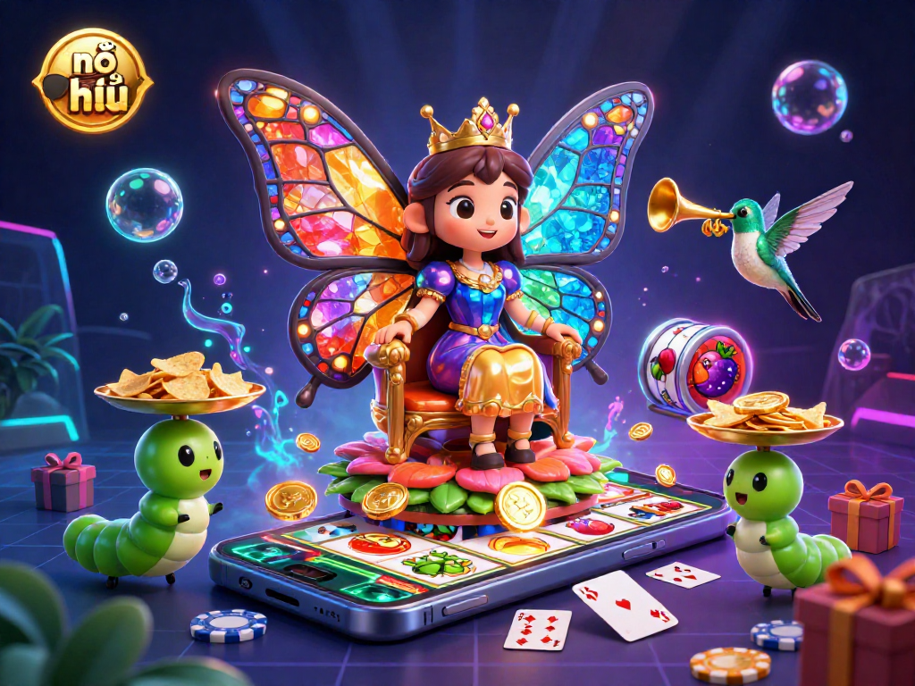 Nổ hũ slot game illustration featuring a colorful scene with a butterfly queen, golden chips, and vibrant gaming elements.