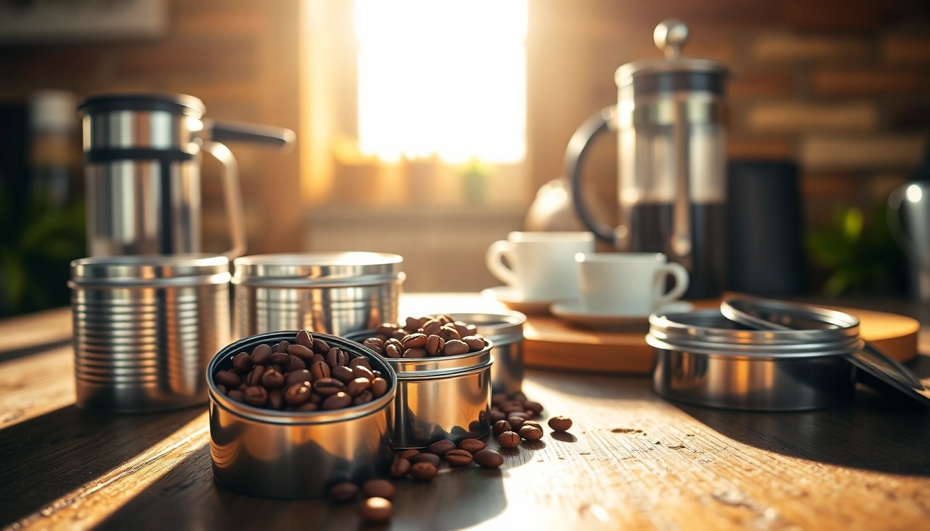 Showcasing elegant coffee tins filled with rich coffee beans, adding a touch of modern style to any kitchen.
