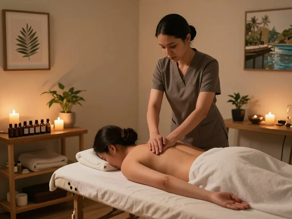 Relaxing 역삼동마사지 session at a tranquil therapy studio with ambient lighting.