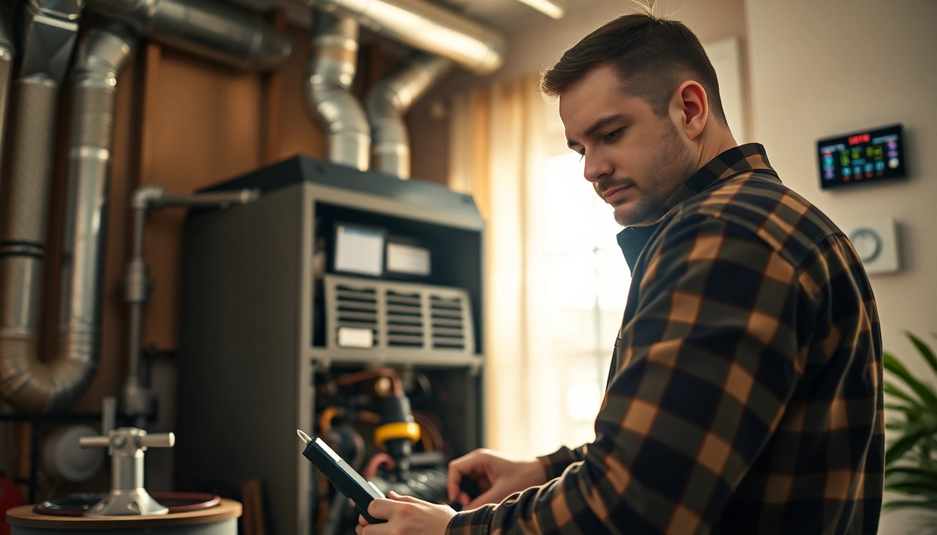 Heating repair bedford ny technician assessing a home's furnace for maintenance.