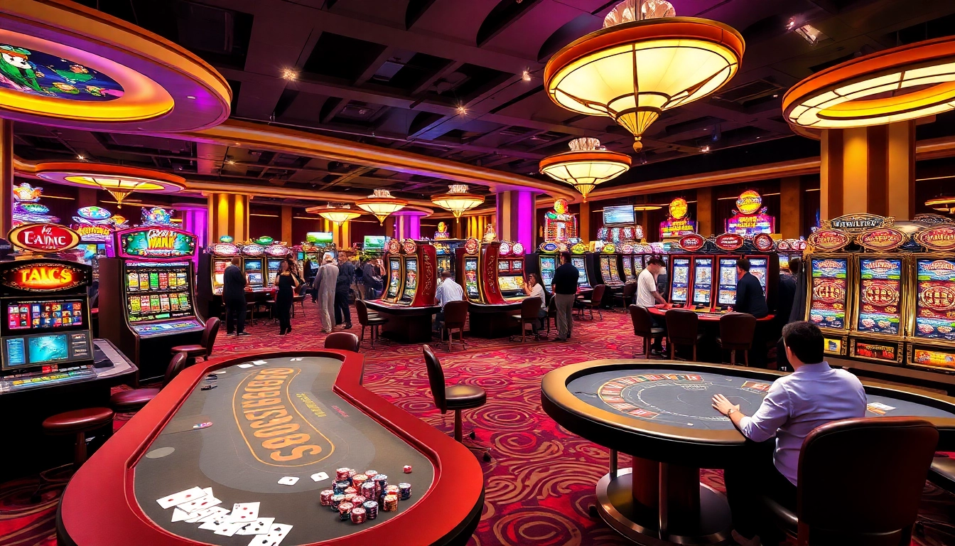 A lively casino scene showcasing tables, cards, and KJC AC 3 promotional elements for an immersive gambling experience.
