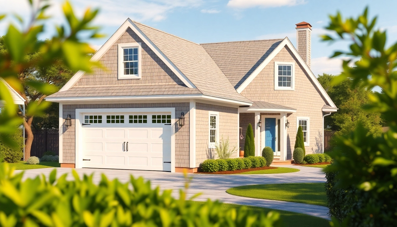 A stunning cape cod home with an attached garage surrounded by greenery and a coastal atmosphere.