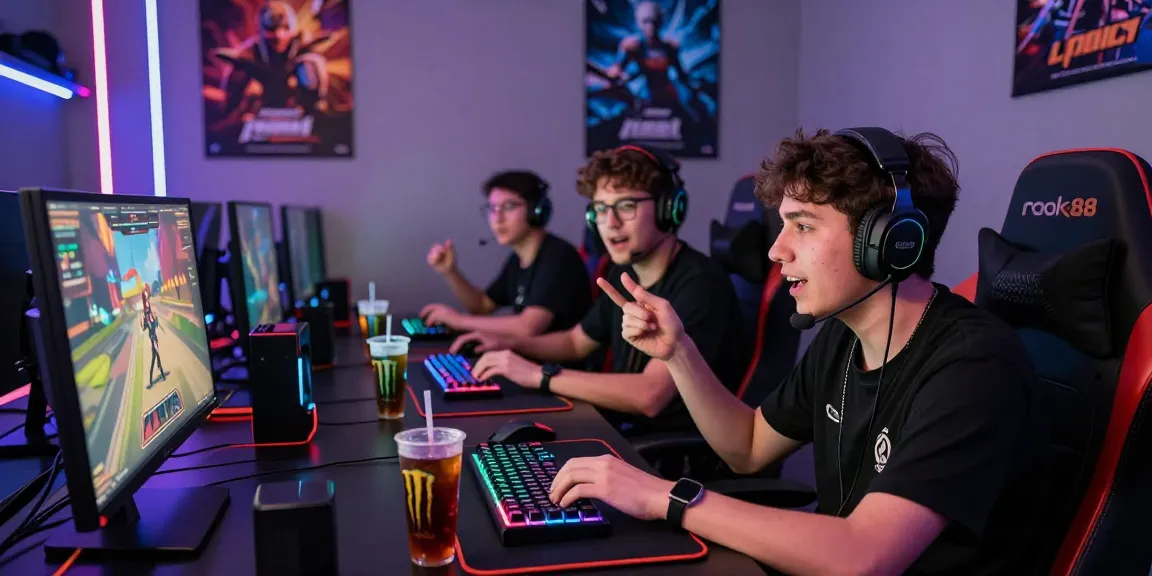 Friends engaged in a rokok88 gaming session in a vibrant gaming lounge, showcasing excitement and strategy.