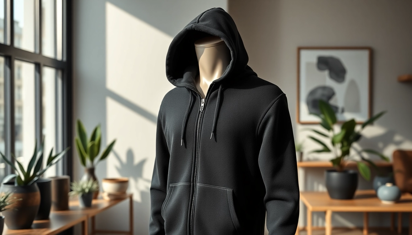 A trendy black zip up hoodie showcased elegantly on a mannequin in a modern boutique setting.