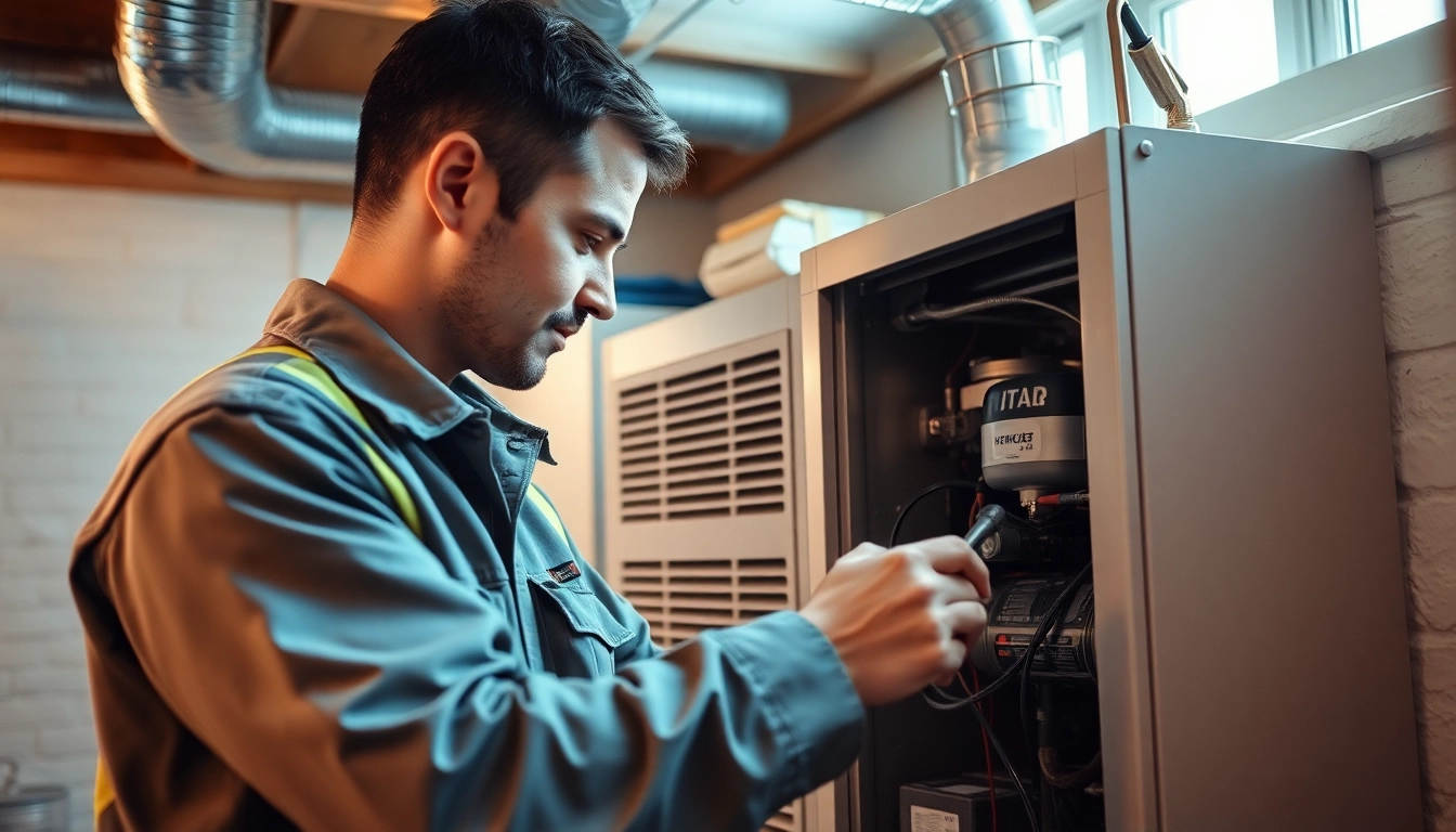 HVAC repair Pawling technician inspecting furnace with tools in a cozy home setting.