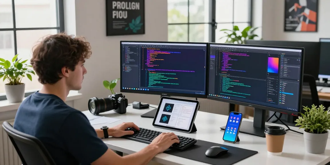 Efficient workspace showing 截图软件下载 and software development tools on multiple screens in a modern office setting.