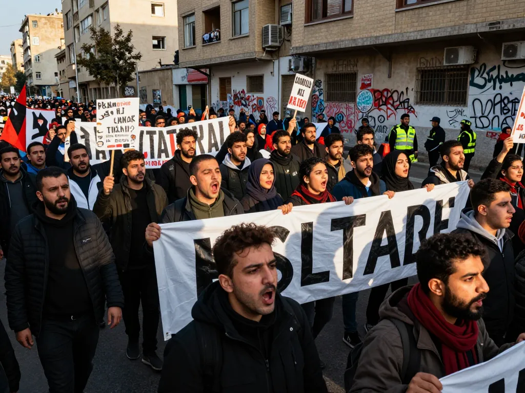 Tehran uprising with determined protesters in urban streets showing unity and activism.
