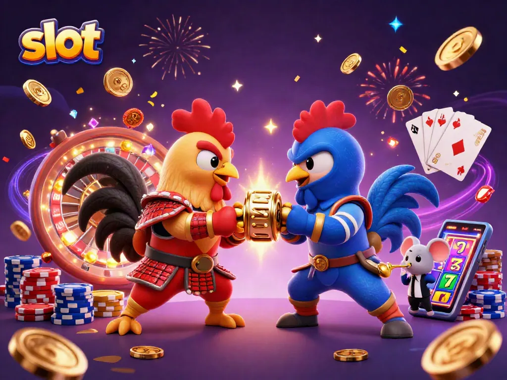 Experience thrilling slots action with roosters and vibrant gaming elements in a lively atmosphere.