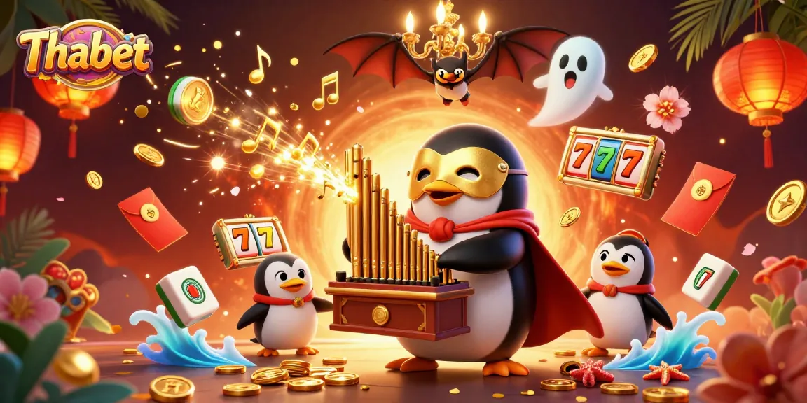 Thabet entertainment features the charismatic penguin playing an organ amidst casino-themed delights and illuminating elements.