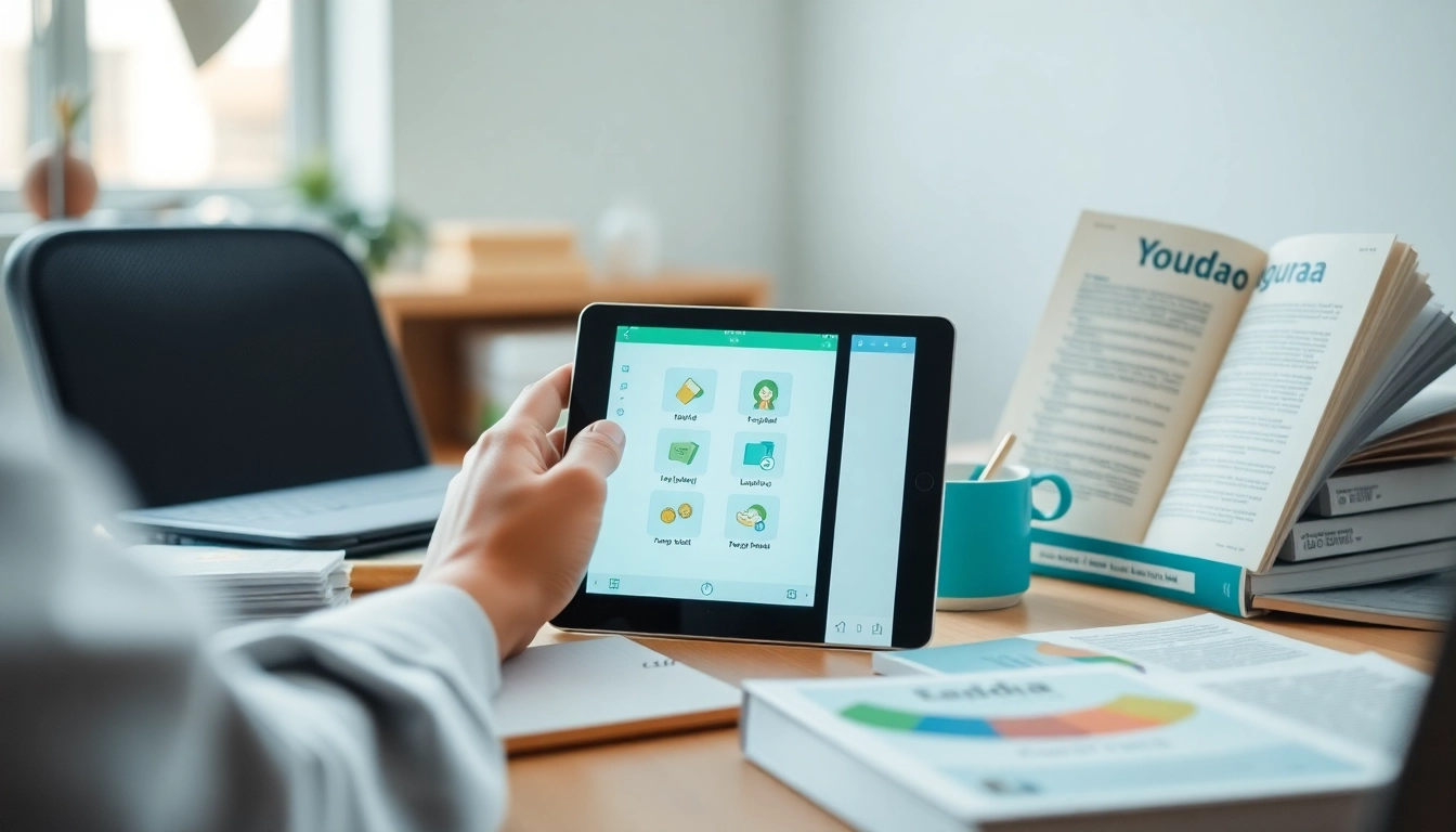 Youdao language learning technology showcased with a person using digital devices in a modern workspace.