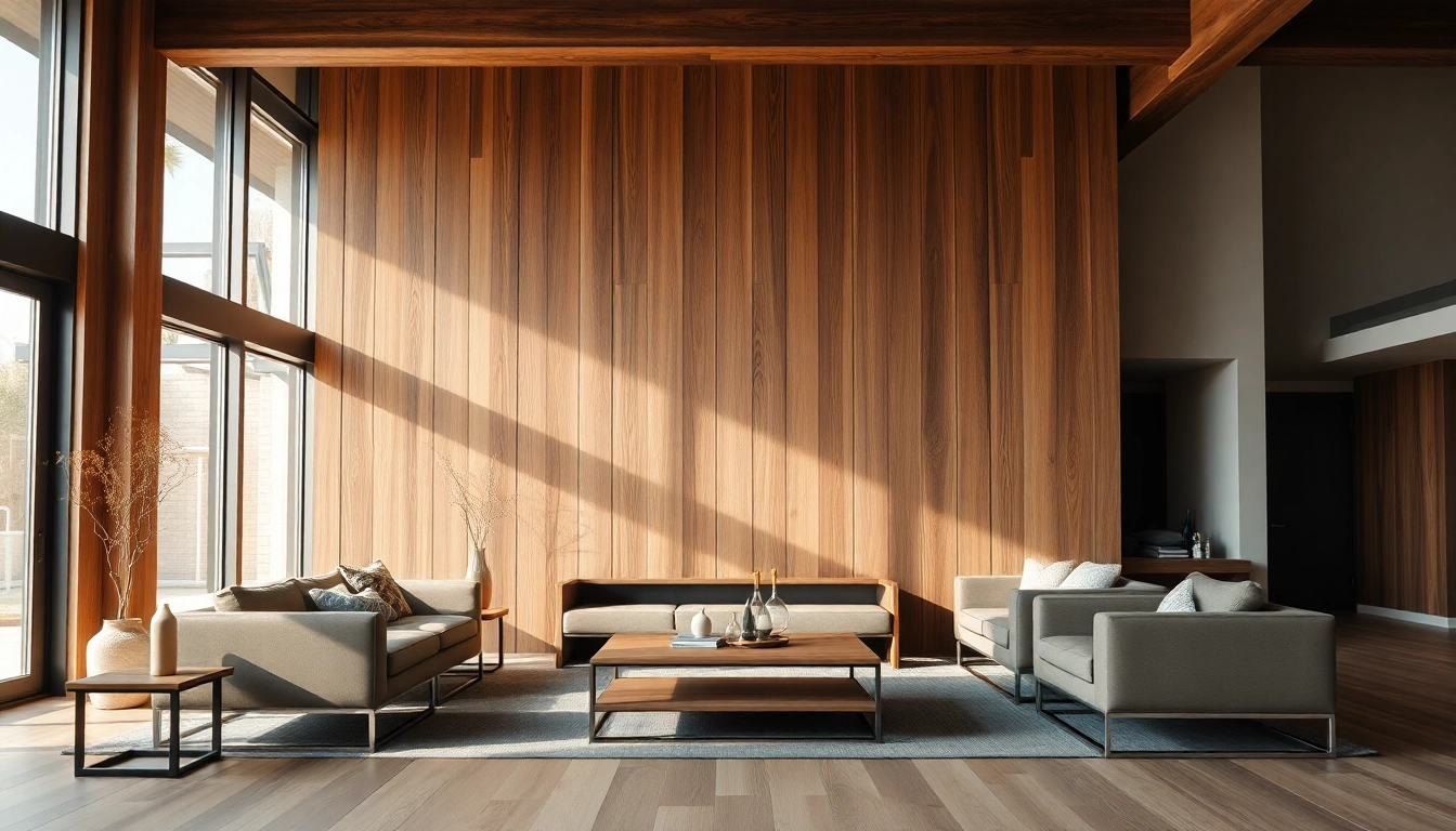 Elevate your space with a stunning wood wall showcasing warm textures and modern furnishings.