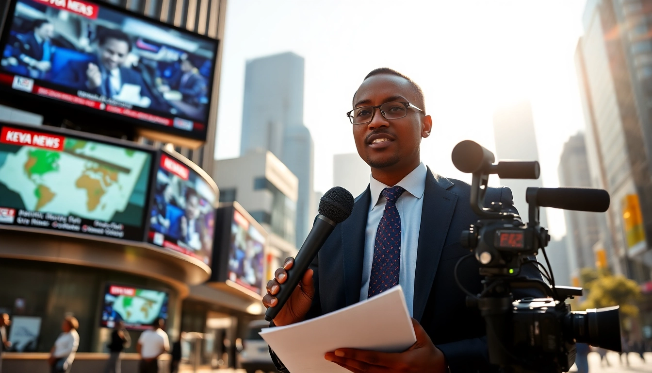 Journalist capturing Kenya News in a lively urban environment, showcasing the essence of modern reporting.