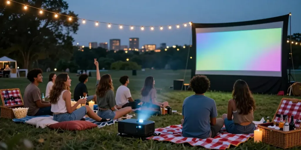Friends enjoying outdoor movie screening at idlix vip event.