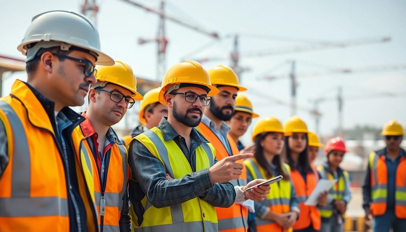 Construction safety training with workers in safety gear participating in hands-on activities outdoors.