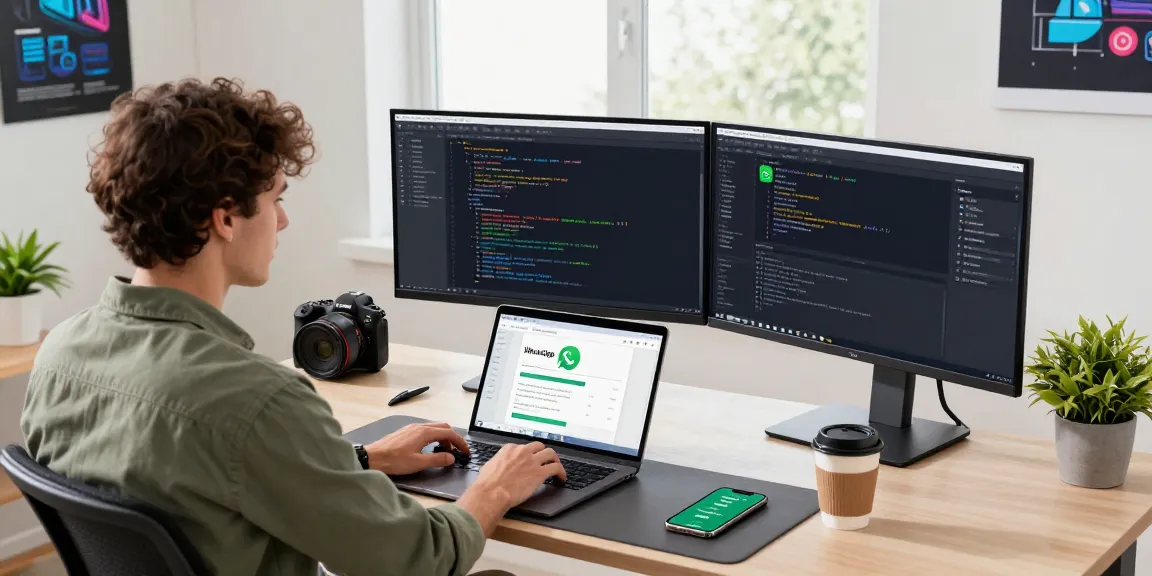Developer coding on WhatsApp下載 app download screen in a modern office.