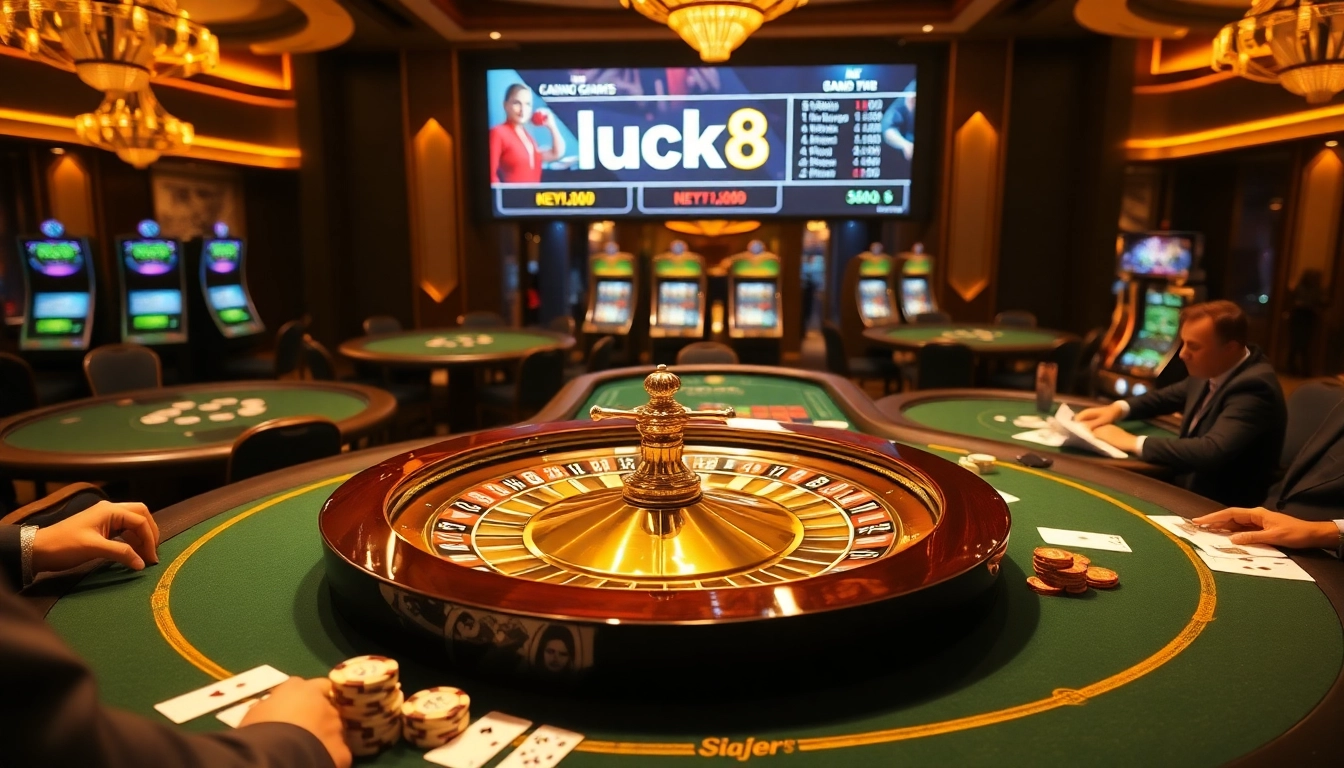 Players enjoying the thrill of luck8 at a luxurious casino with roulette and poker tables.