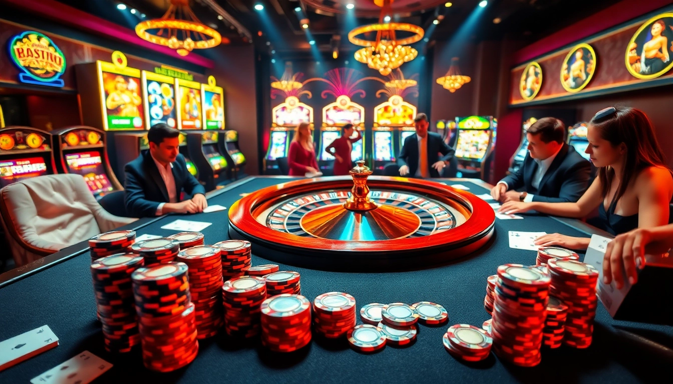 L'atmosphère passionnante du casino en ligne avec des jetons de poker, une roue de la roulette et des joueurs impatients engagés dans l'action.
