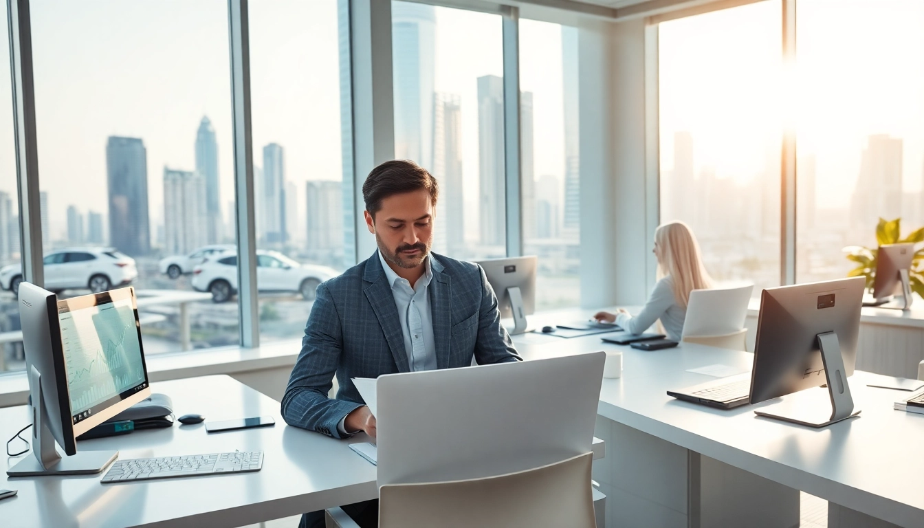 Bookkeeping firm in Abu Dhabi working diligently with financial documents and technology.
