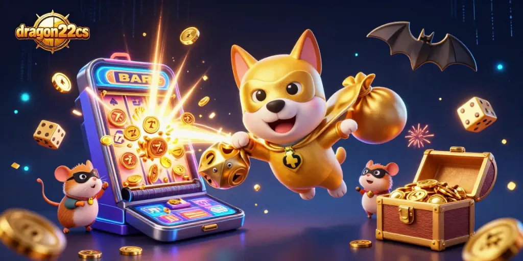 Experience thrilling action with dragon222cs in a vibrant casino scene featuring a superhero dog and fun game elements.