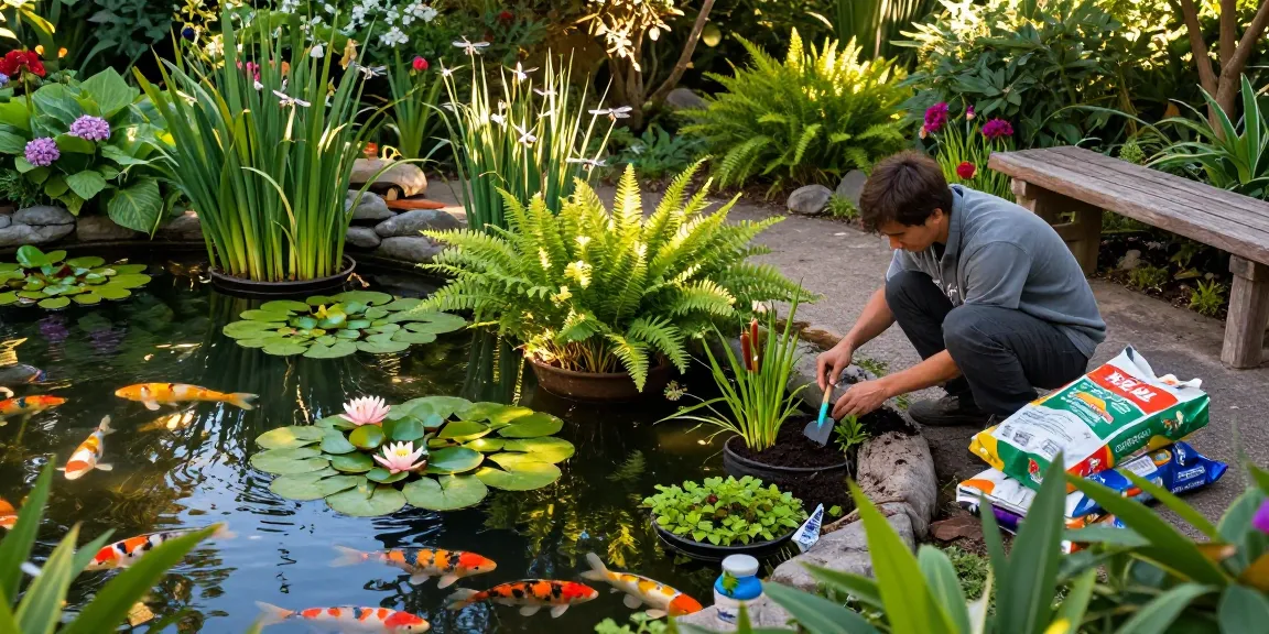 Pond plants thriving in a serene garden pond with a gardener planting new species.