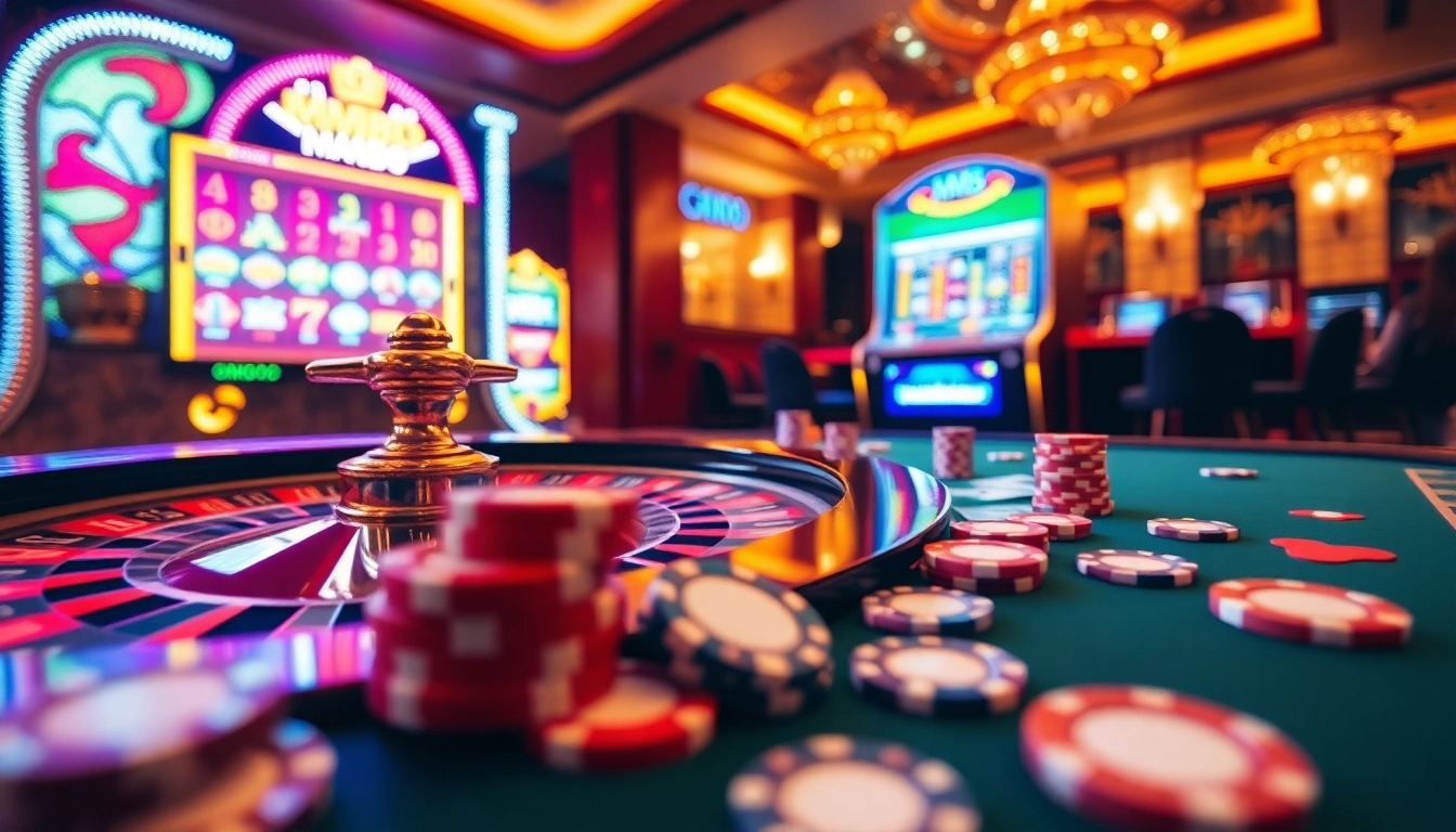 Experience thrill at MM88 with a luxurious casino environment featuring roulette and poker.