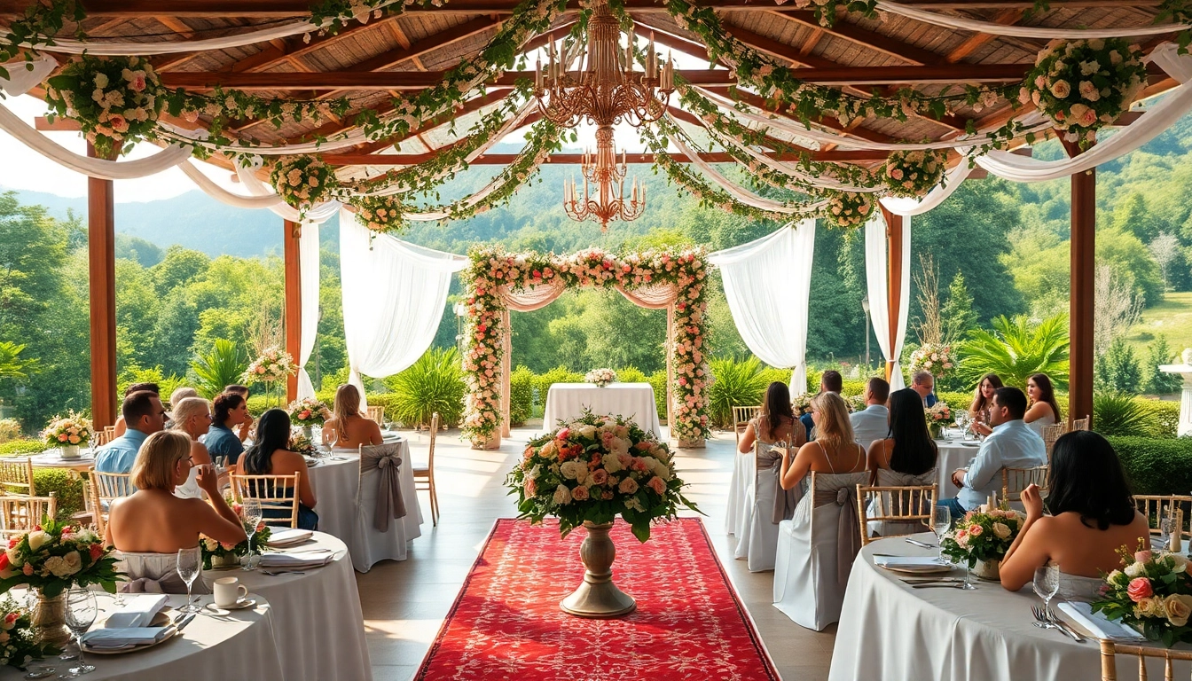 Hochzeit location für eine romantische Zeremonie im Freien mit floralen Arrangements.