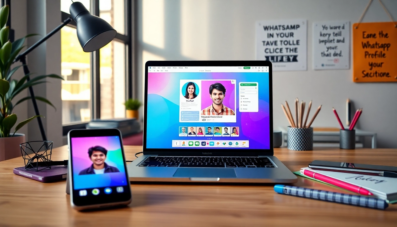 Stylish laptop displaying a profile picture maker for whatsapp profile photo editing.