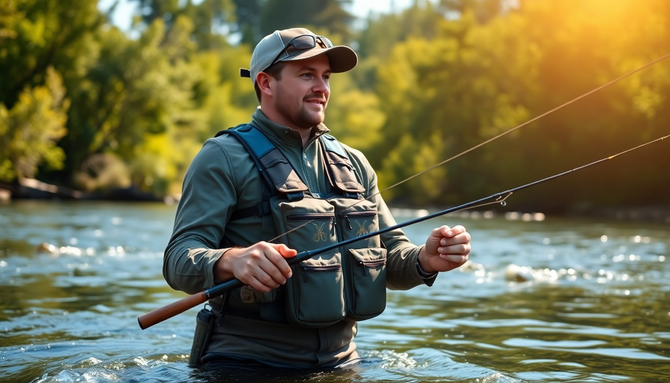 Casting with a fly fishing chest pack in a scenic river environment.