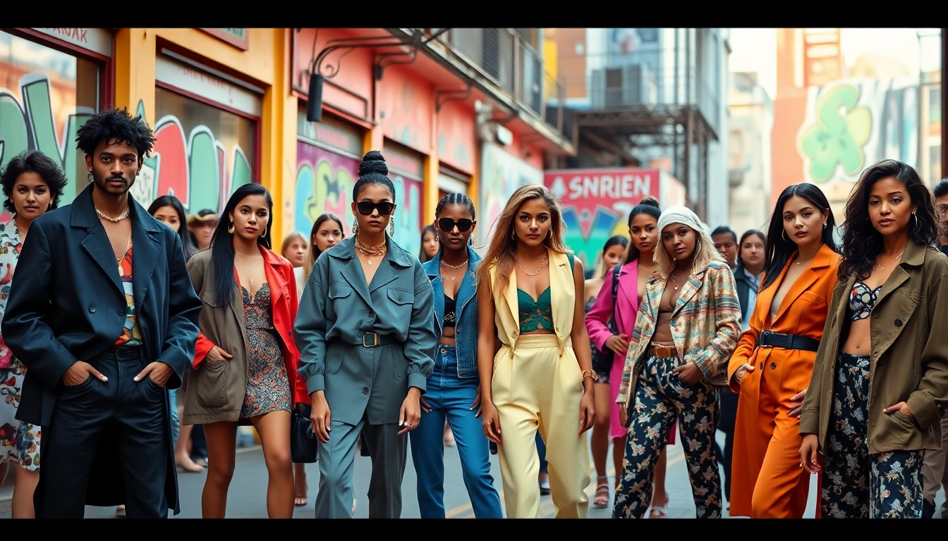 Fashion models showcasing stylish outfits in a vibrant urban setting.
