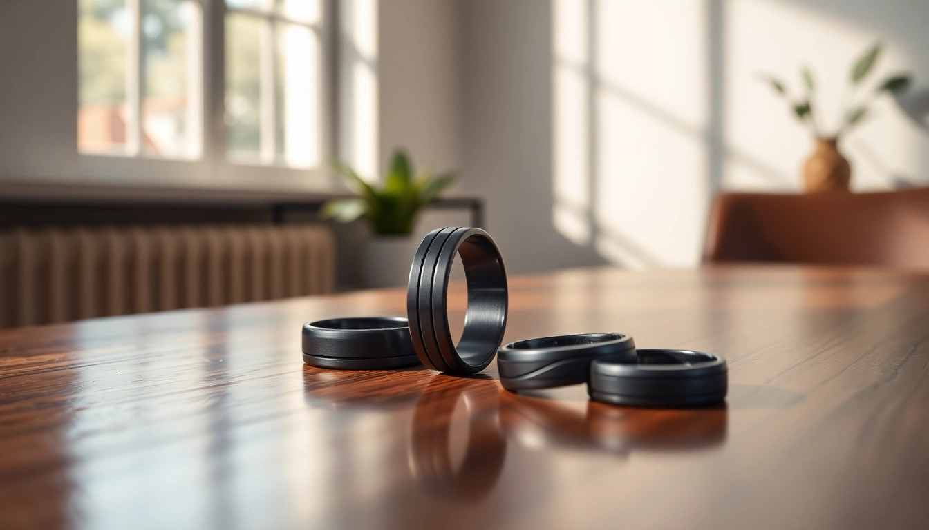 Showcase of Black Zirconium Rings featuring unique designs with matte finish on a wooden table.