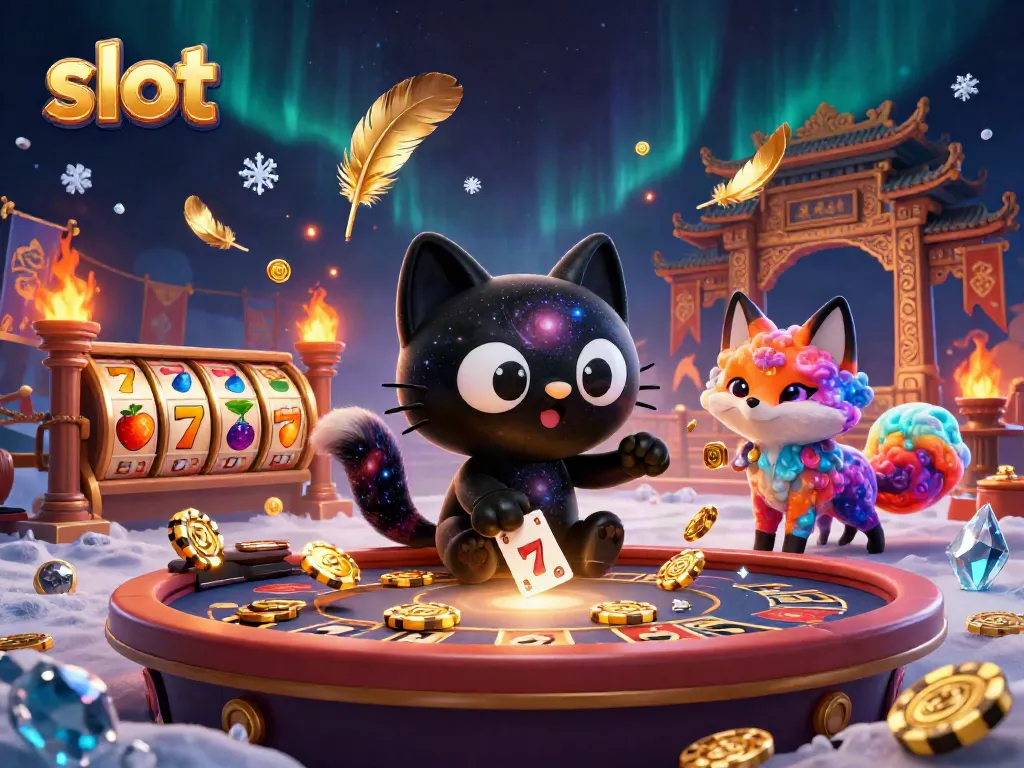 Engaging slot experience with a gravity-defying cat and cosmic fox in a vibrant casino.