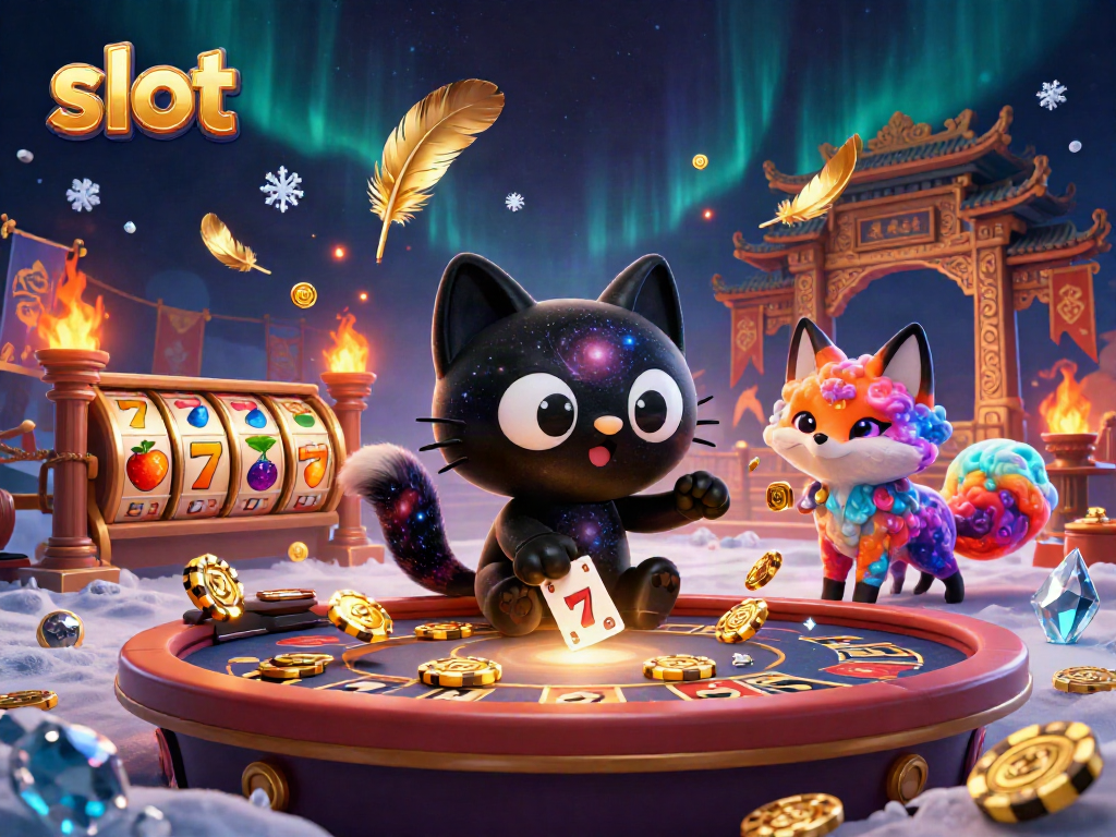 Engaging slot experience with a gravity-defying cat and cosmic fox in a vibrant casino.