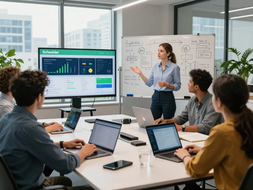 Team discussing Schneider's energy solutions in a modern office environment