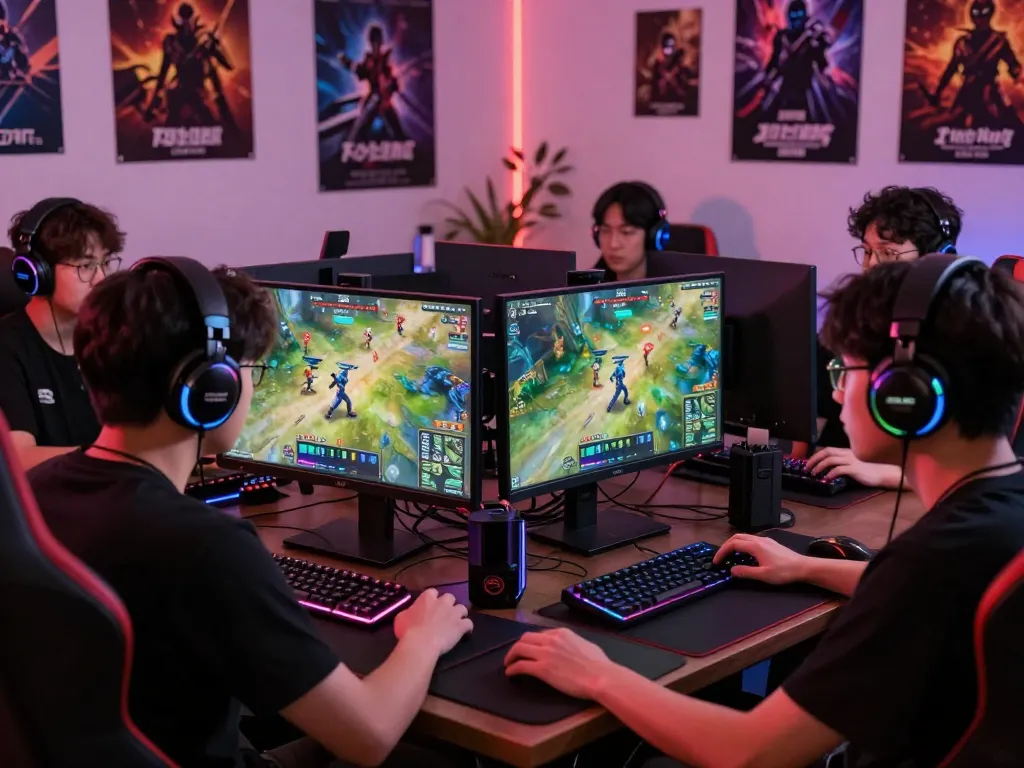편안한 환경에서 이중 모니터와 생생한 RGB 조명으로 리니지프리서버 게임에 집중하는 열정적인 게이머들.
