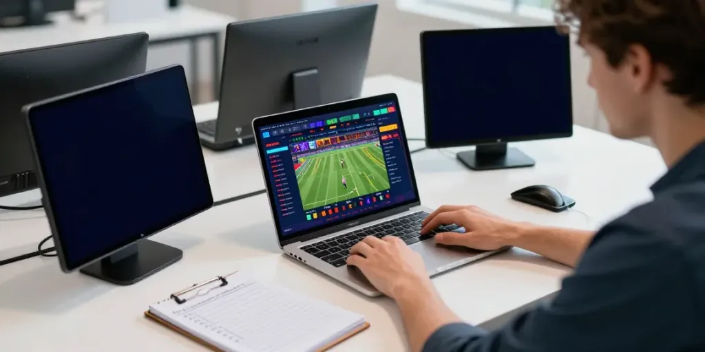 Online bahis işlemi yapan bir kullanıcı, parlak ekranlar ve strateji notlarıyla dolu masa.
