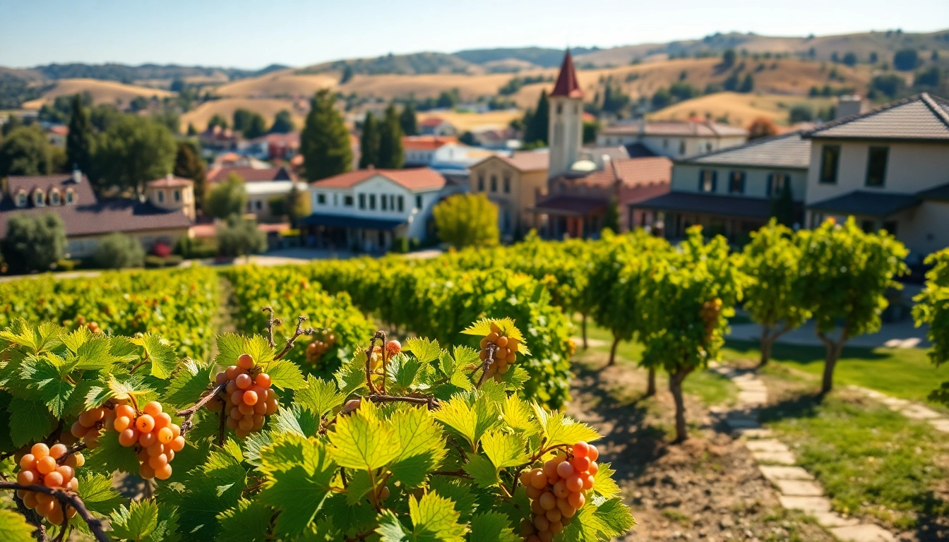Stunning landscape of Clarksburg, CA, showcasing vineyards and historic architecture under bright sunlight.