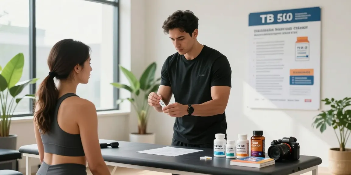 Trainer demonstrating TB 500 benefits through innovative Buccal strip technology in a health studio.
