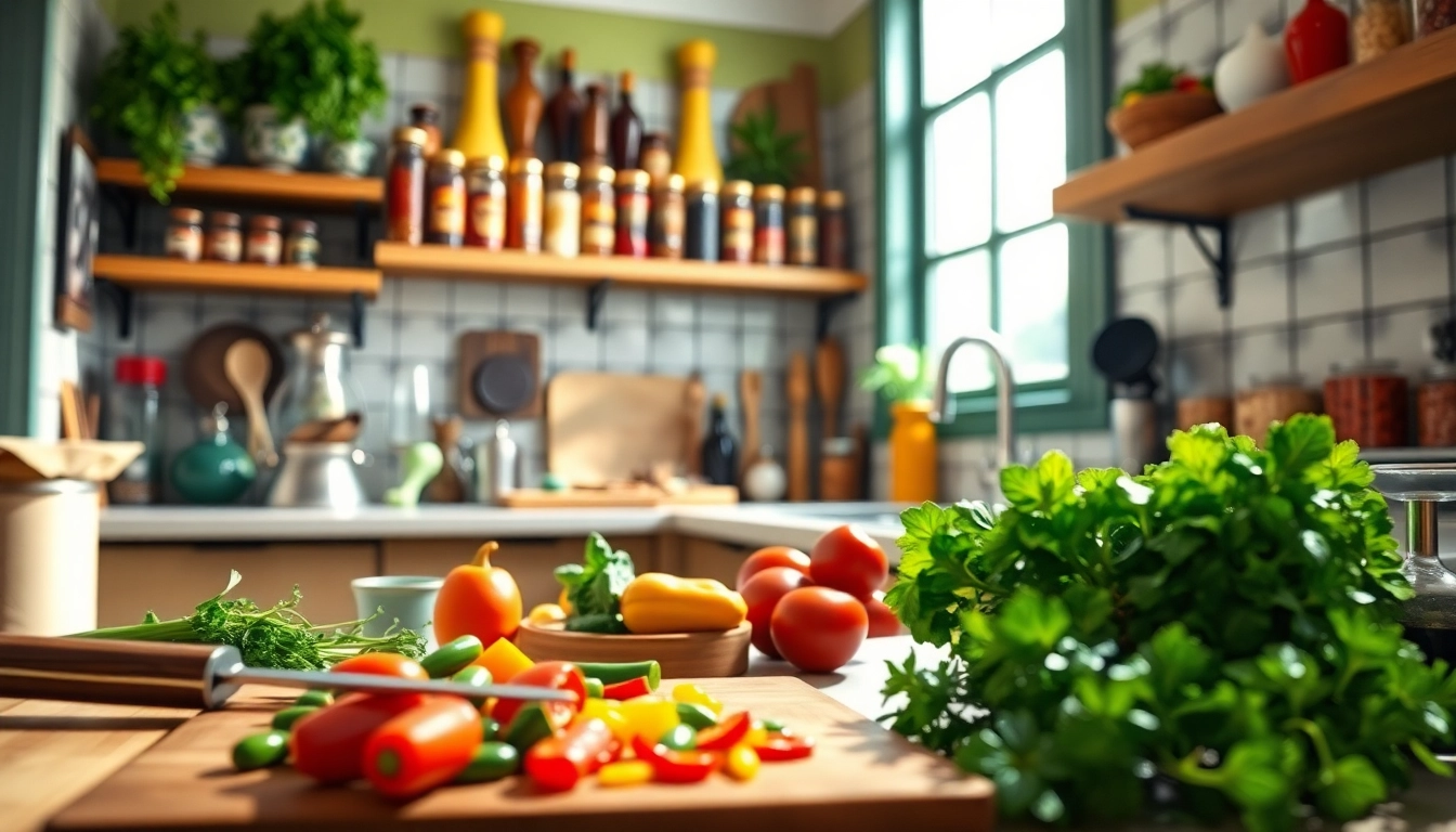 Dishfacts showcases a vibrant culinary scene with fresh ingredients and elegant cooking tools.